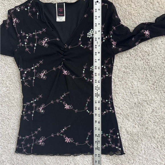 Black Dark Floral Ruched Fitted Y2K Whimsigoth Fairy  Top with Sequins - Picture 10 of 11